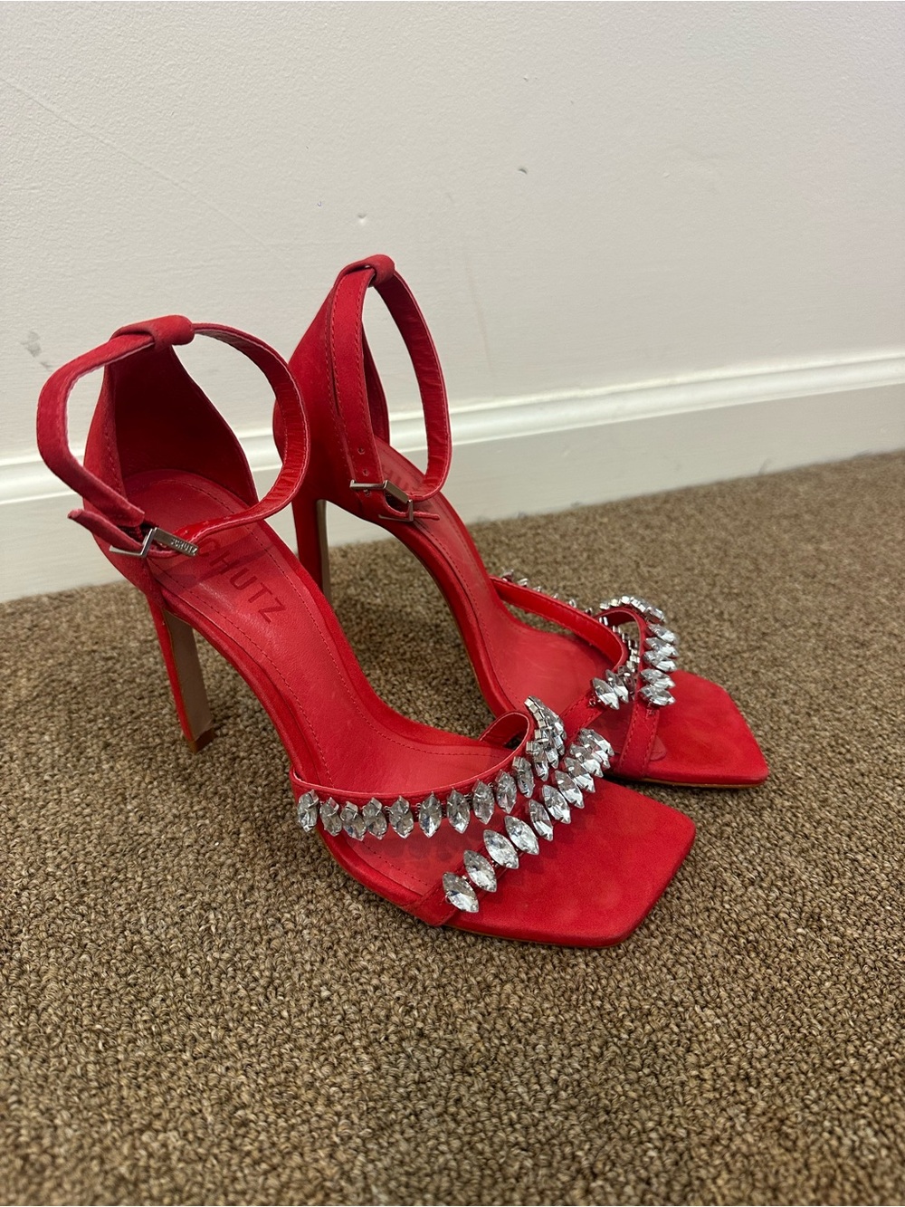 Schutz Red Embellished High Heels Strappy Square Toe Size 7.5 Women's